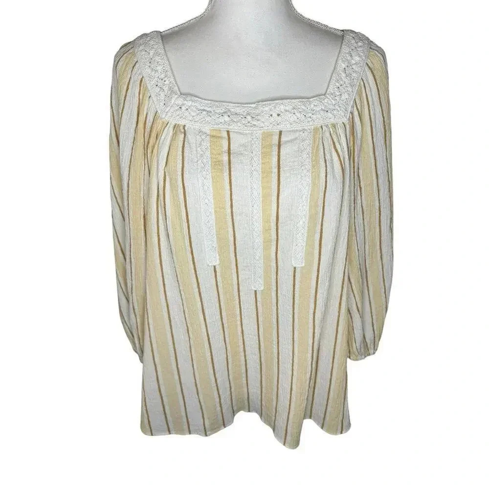 LC Lauren Conrad Women’s Large Yellow‎ & White Stripe Square Neck Peasant Top